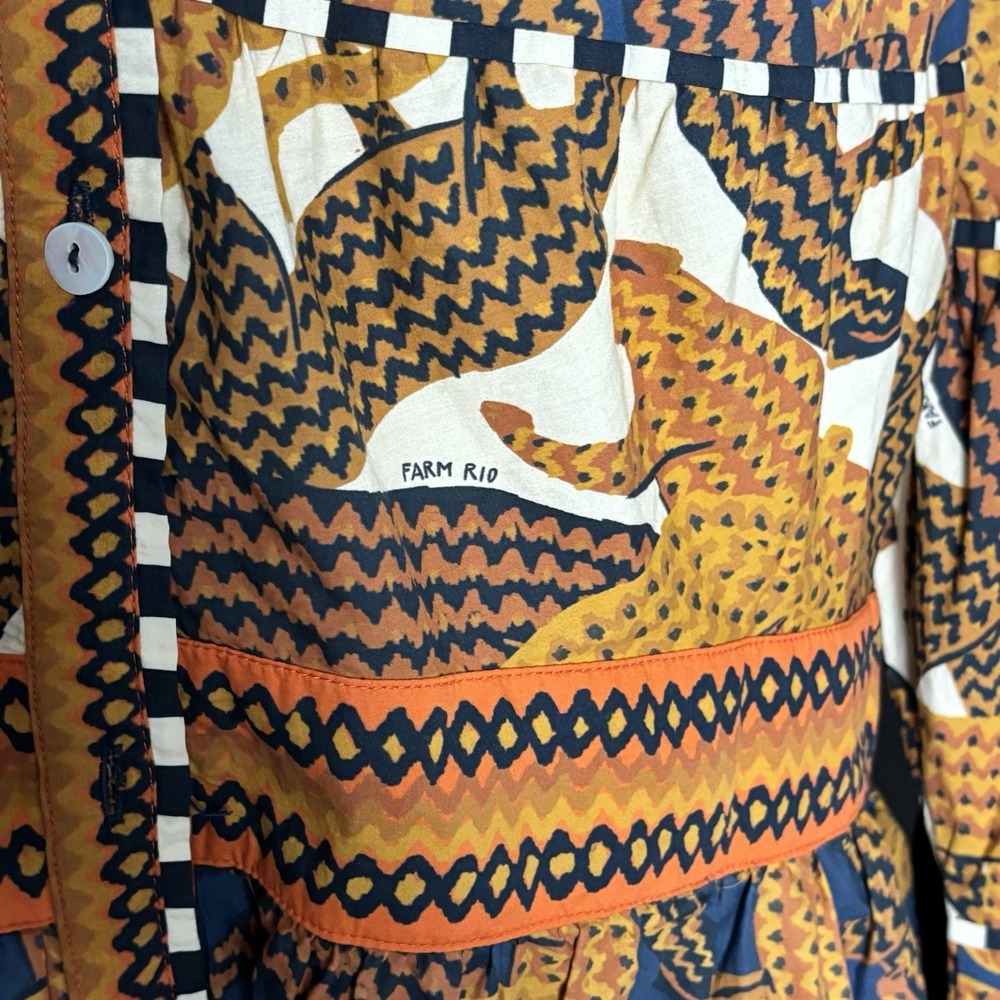 Farm Rio By Anthropology V-Neck Dress Geometric Jaguar Print Tiered Sz X-Large - Picture 5 of 16